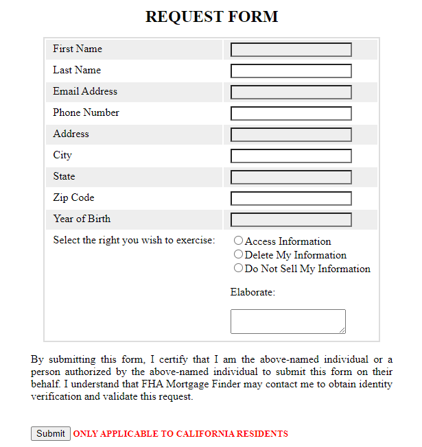 FHAMortgageFinder request form