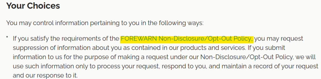 Forewarn privacy policy - your choices section