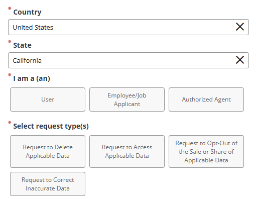 InternetBrand opt out form - country, state, relationship, and request type fields 