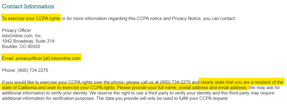 listsOnline contact information for California residents