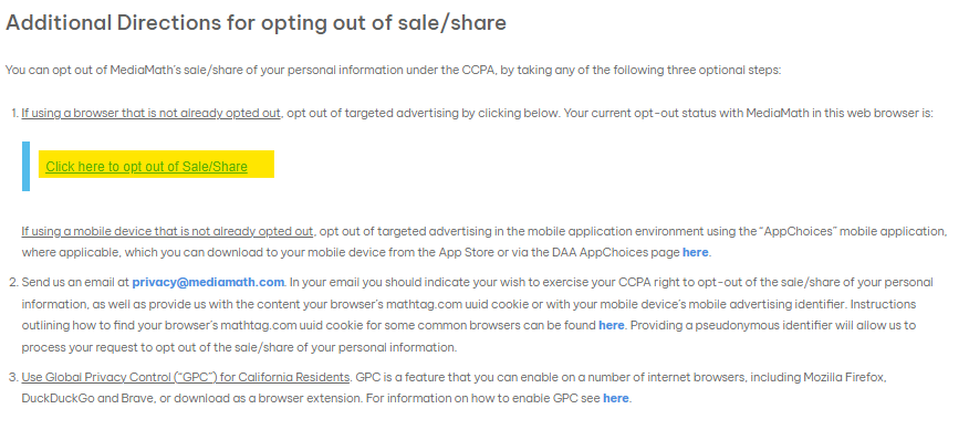 MediaMath CCPA opt out page