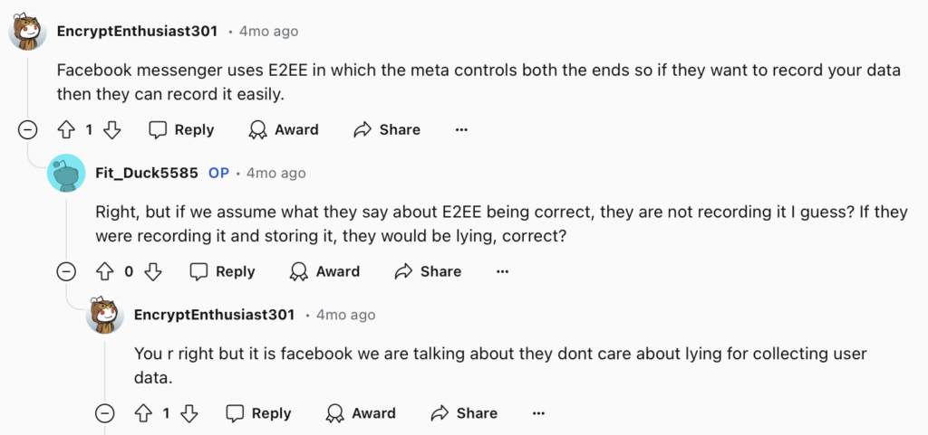 Reddit discussion on Messenger's end-to-end encryption 