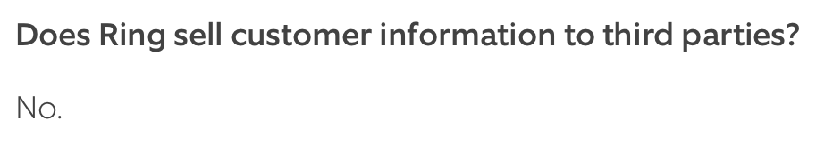 Ring does not sell customer information to third parties 