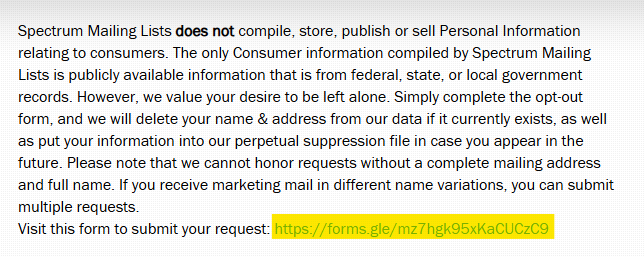 SpectrumLists privacy statement 