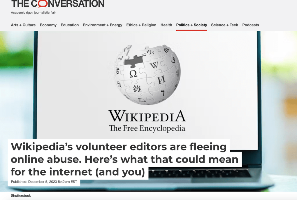 News headline about Wikipedia volunteers fleeing online abuse