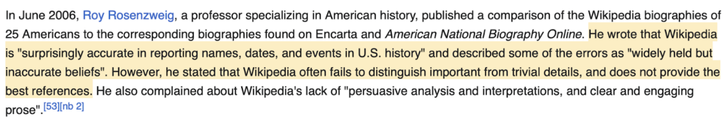 Wikipedia's reliability for history