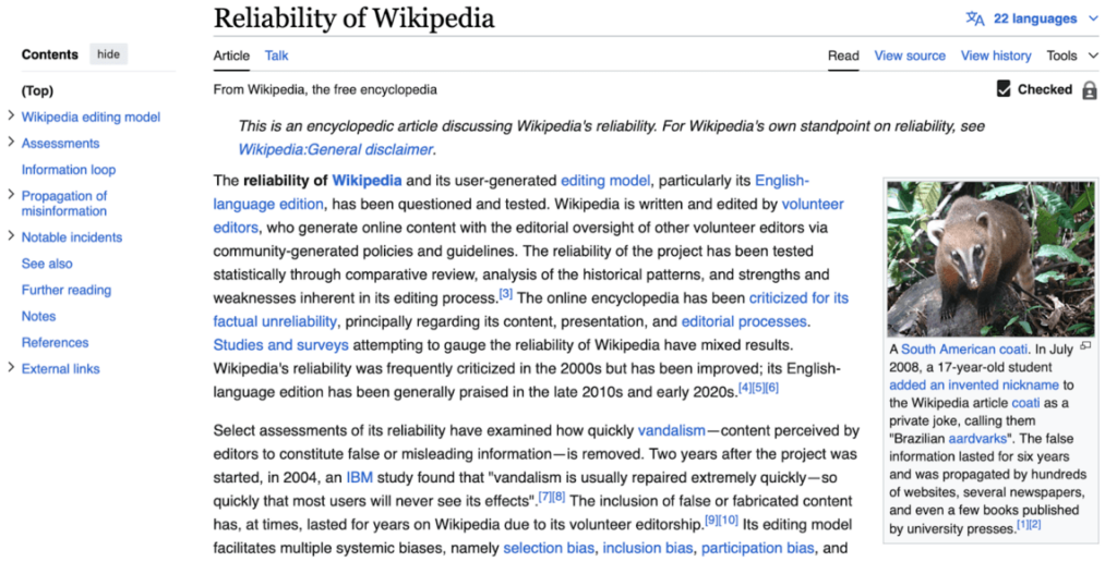 Wikipedia page 'Reliability of Wikipedia'