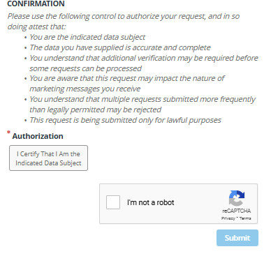 Wiland opt out form certification and I'm not a robot checkbox 