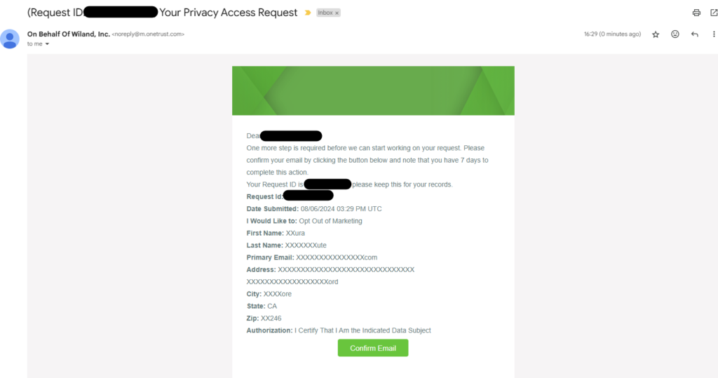 Wiland email opt out confirmation link