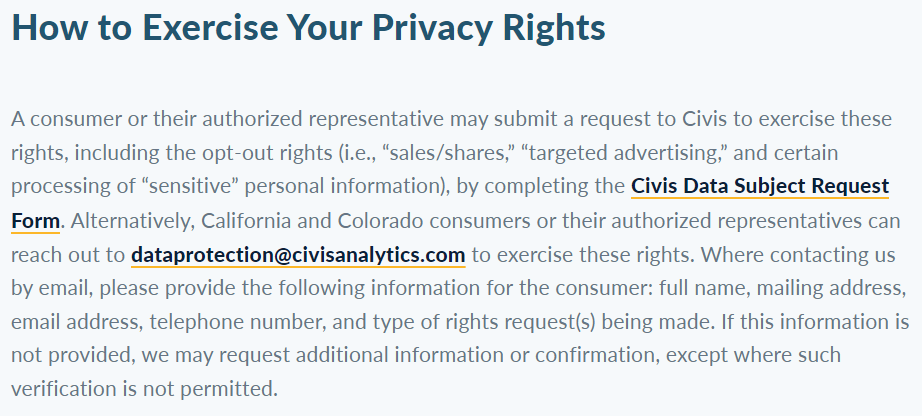 CivisAnalytics 'How to Exercise Your Privacy Rights' section 