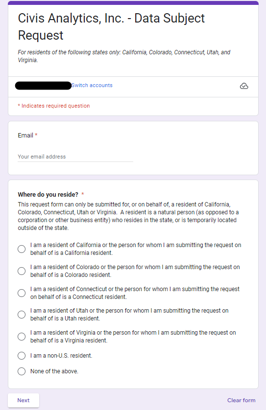 CivisAnalytics data subject request form - email and residency fields 