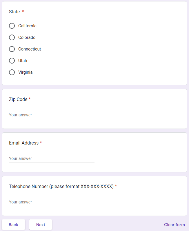 CivisAnalytics data subject request form - state, zip code, email address and phone number fields 