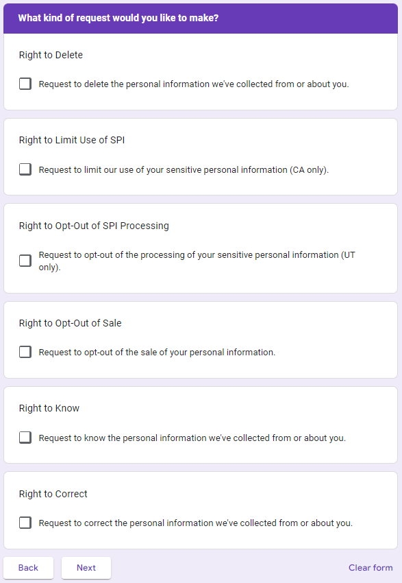 CivisAnalytics data subject request form - type of request you'd like to make 