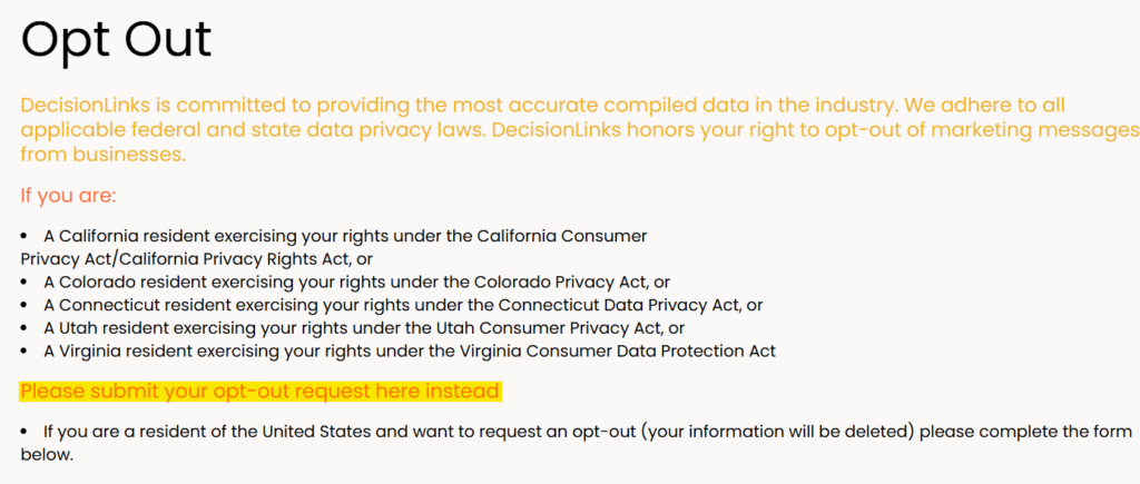 DecisionLinks opt out information for residents of specific US states