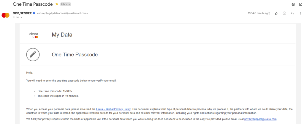 Ekata one time passcode email