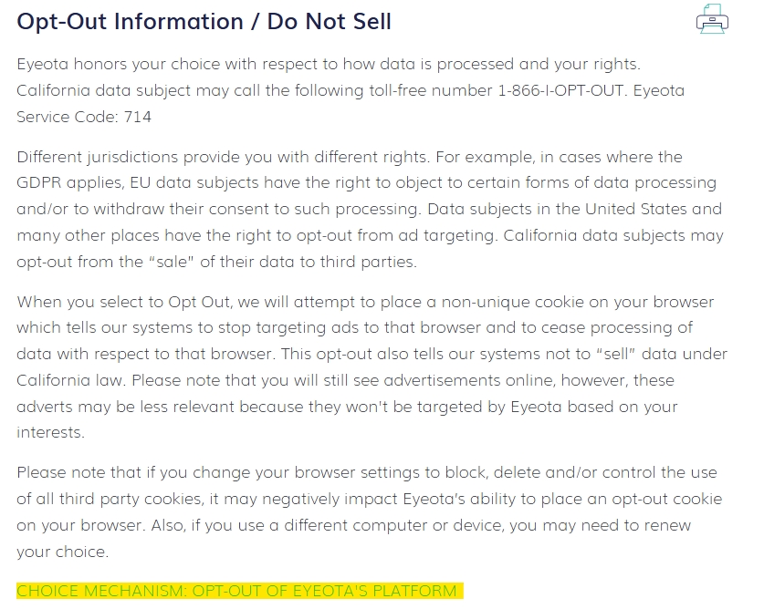 Eyeota 'Opt-Out Information / Do Not Sell' section 