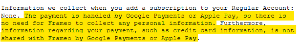Information on Frameo's personal information collection practices, including payment data