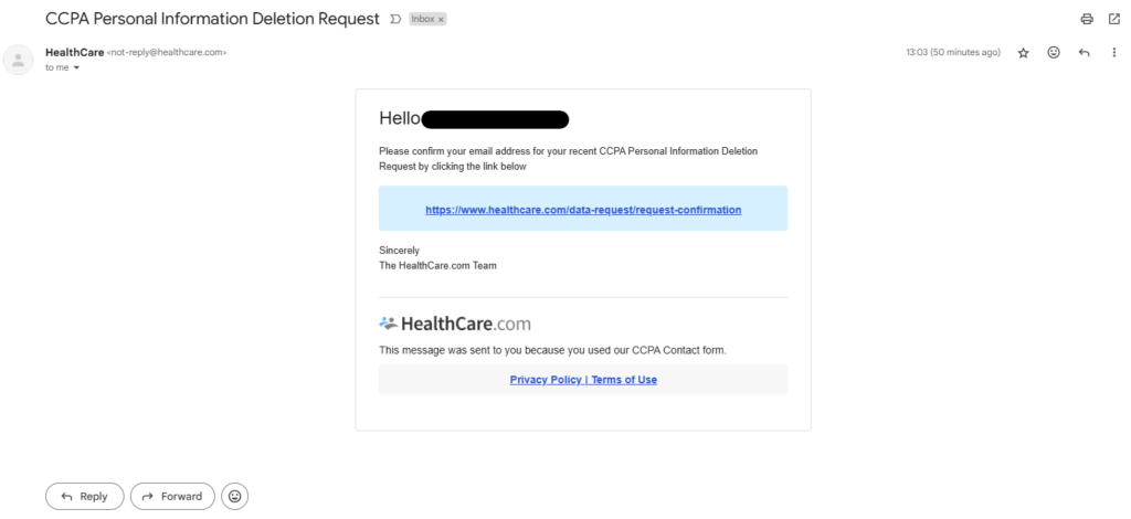 Healthcare email confirmation link