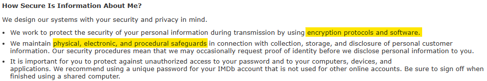 IMDB privacy policy section 'How Secure Is Information About Me?'