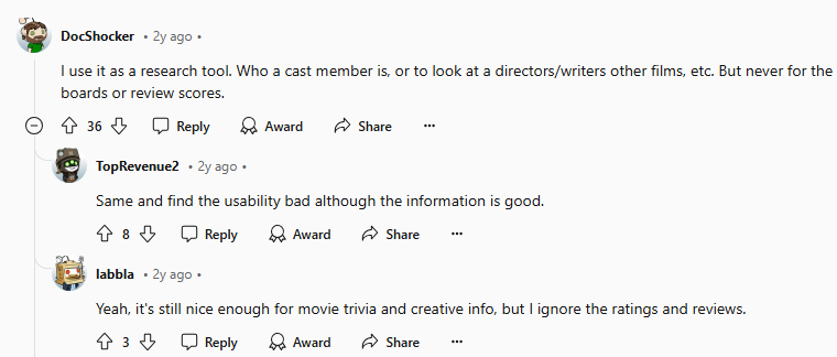 Reddit discussion about IMDb reliability 