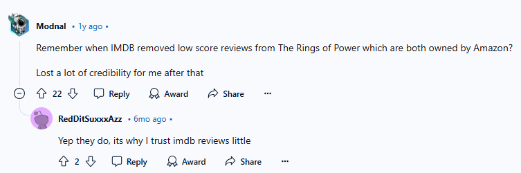 Reddit post about IMDb credibility 