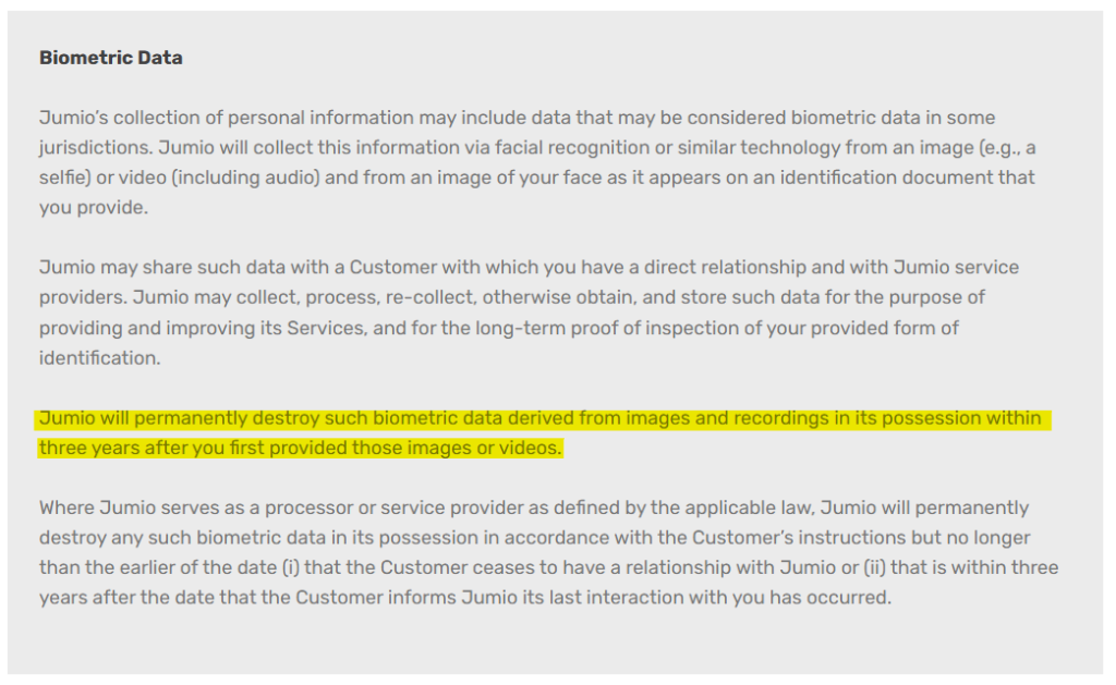 Jumio information on biometric data collection and storage 