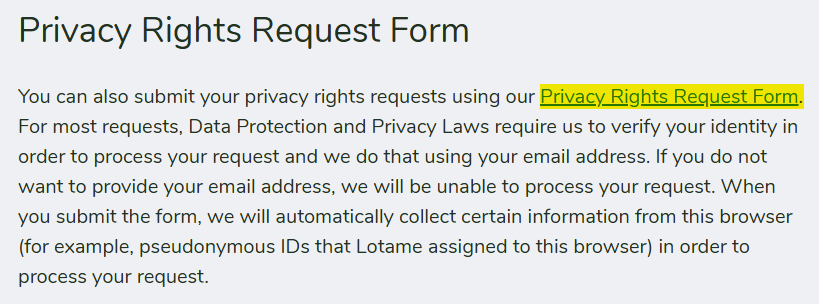 Lotame privacy rights request form information 