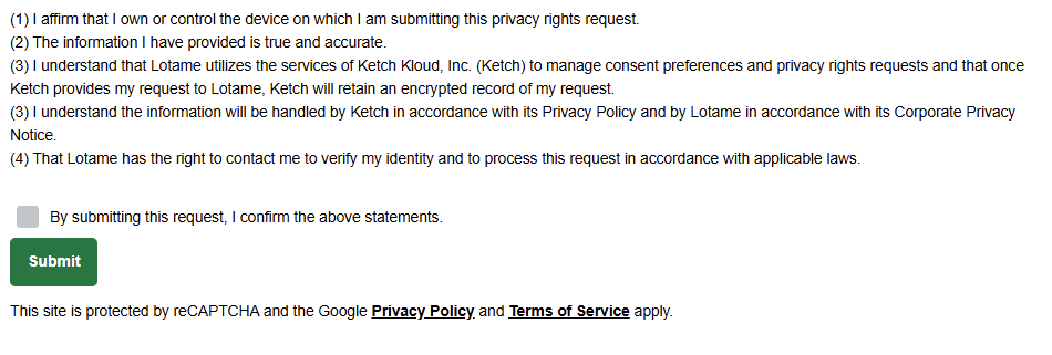Lotame opt out form statements and "Submit" button