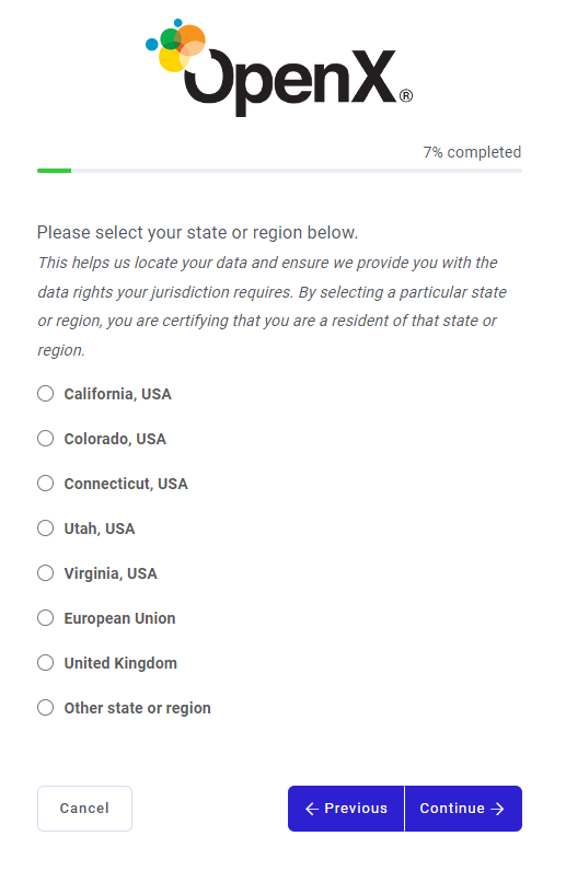 OpenX opt out form - select your state/region