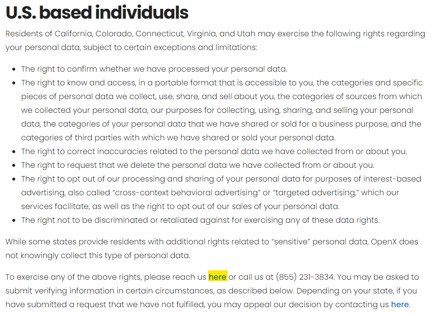 OpenX privacy policy section for US based individuals on privacy rights 