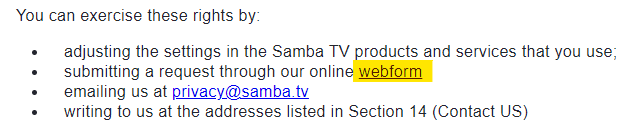 Samba options on how to exercise your privacy rights 