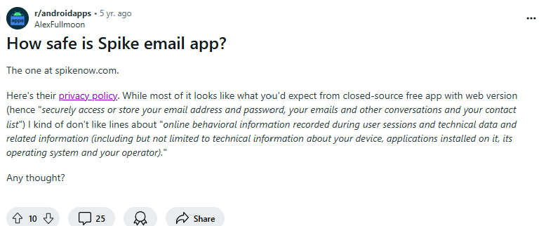 'How safe is Spike email app' Reddit post