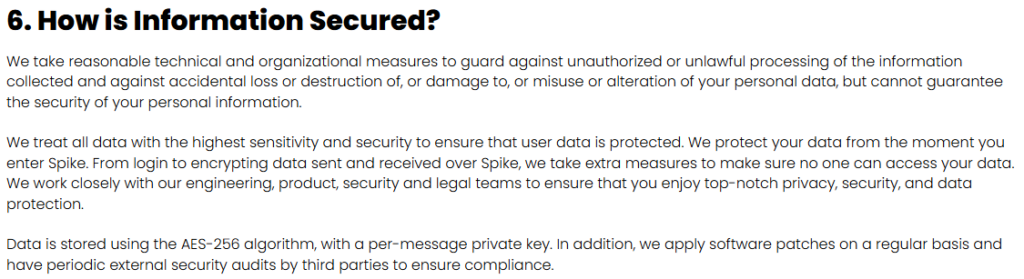 Spike 'How is Information Secured?' section on its website