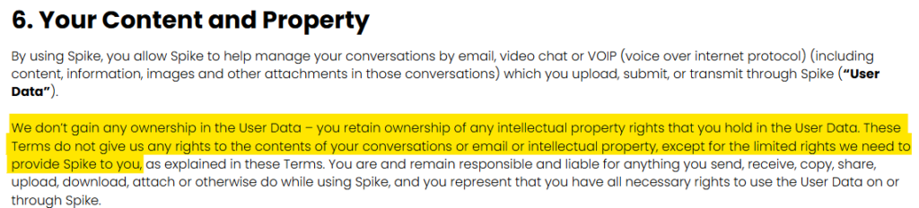 Spike User Terms and Conditions 'Your Content and Property' section 