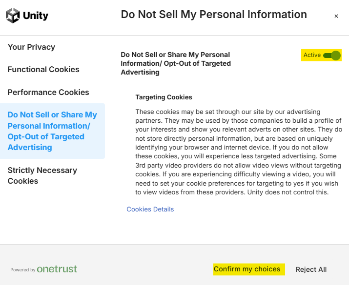 Unity 'Do Not Sell My Personal Information' toggle 