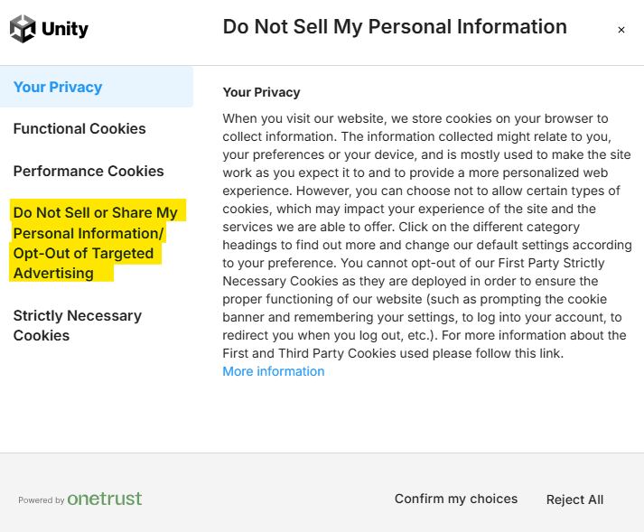 Unity 'Do Not Sell My Personal Information' info