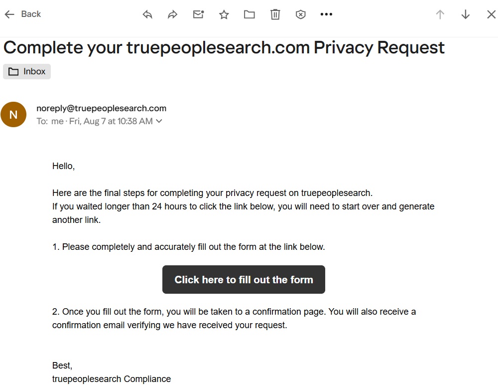 Email from TruePeopleSearch