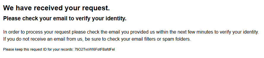 BlueAction 'We have received your request. Please check your email to verify your identity' message 