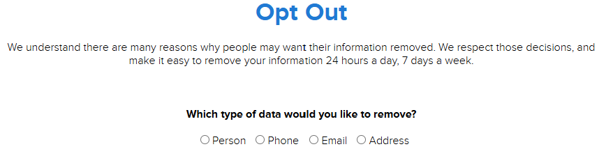 CallTruth opt out page - Which type of data would you like to remove?