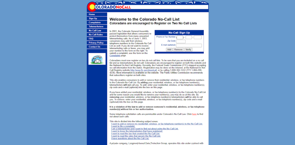 Colorado No Call homepage 