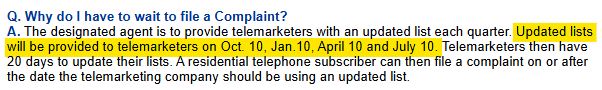 Information on why you have to wait to file a complaint under the Colorado No Call List