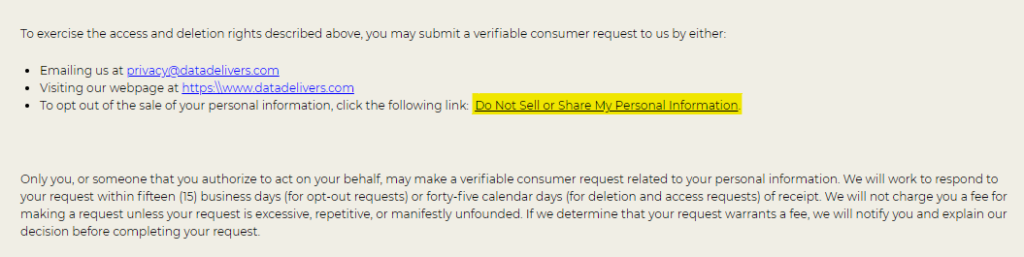 DataDelivers privacy rights section of the privacy policy 