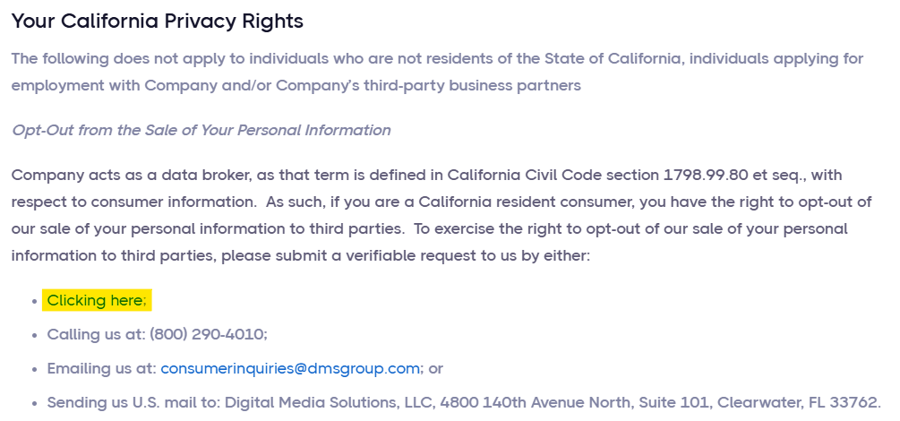 DigitalMediaSolutions 'Your California Privacy Rights' section 