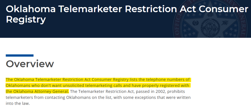 Oklahoma Telemarketer Restriction Act Consumer Registry overview 