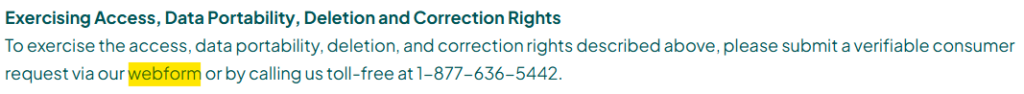 FinThrive CCPA Privacy Notice 'Exercising Access, Data Portability, Deletion and Correction Rights' section 