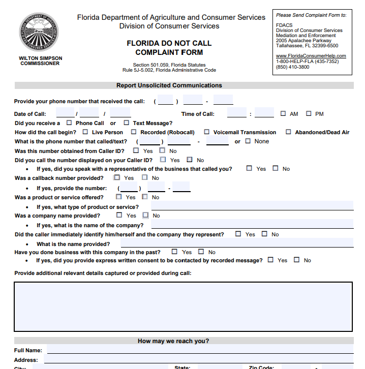 Florida Do Not Call complaint form