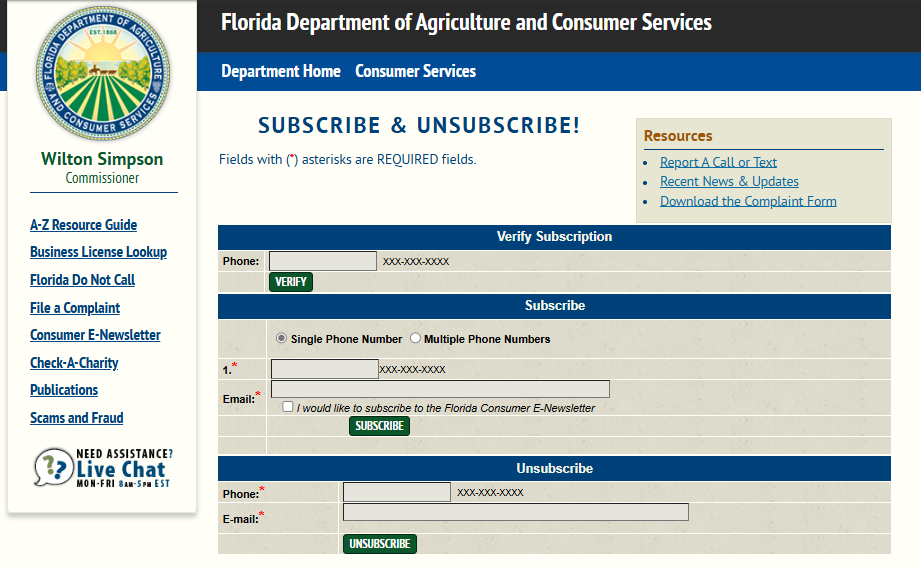 Florida Do Not Call List form