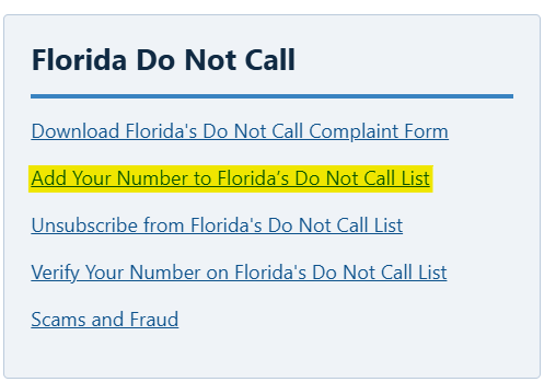 Florida Do Not Call Menu - Add Your Number to Florida's Do Not Call List