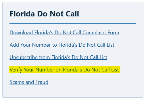 Florida Do Not Call menu - Verify Your Number on Florida's Do Not Call List