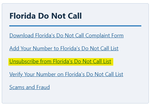 Florida Do Not Call menu - Unsubscribe from Florida's Do Not Call List